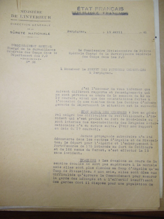 Rapport du commissariat spécial chargé de la Surveillance générale des camps dans le départements des P.-O, 19 avril 1941. 