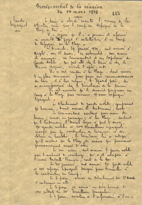 Fac-similé du procès-verbal du conseil municipal d’Argelès-sur-Mer du 14 mars 1939 consacré au camp d’Argelès-sur-Mer. 