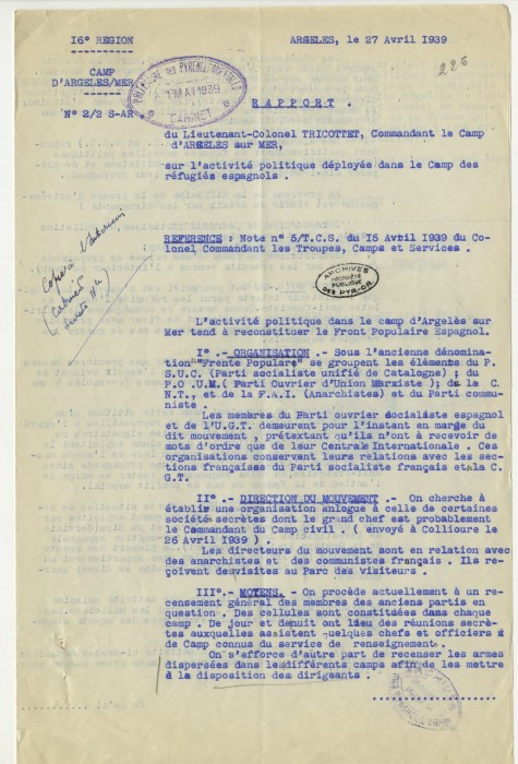 Rapport du 27 avril 1939 sur l'activité politique déployée dans le camp d’Argelès-sur-Mer.