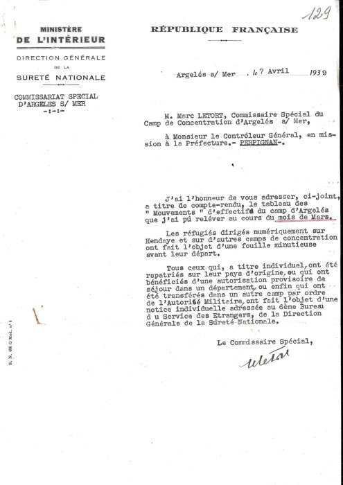 Rapport du chef du camp d'Argelès-sur-Mer au contrôleur général de la Sûreté nationale en mission à Perpignan, mars 1939. 