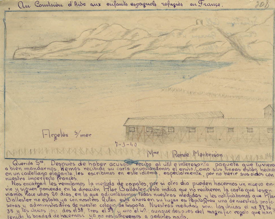  Lettre de remerciement à la commission de Sébastien Coll, avec dessin du camp d'Argeles-sur-mer dimension, 7 janvier 1940. 