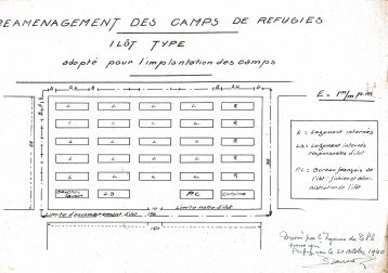 Plan d’aménagement type d’un îlot du camp d’Argelès-sur-Mer, octobre 1940.