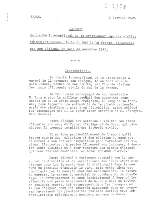 Rapport du Comité International de la Croix-Rouge sur les visites du camp d’internés civils du sud de France, effectués par son délégué, au mois de novembre 1940. 