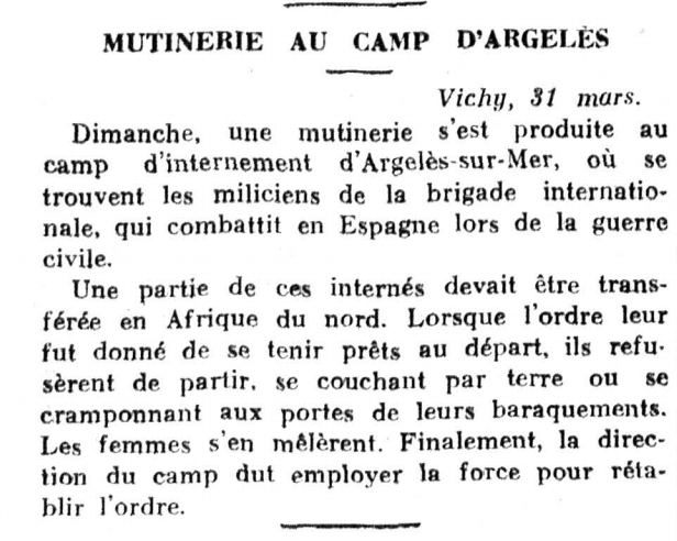 Brève sur la révolte du 23 mars 1941 dans le quotidien Suisse La Liberté,