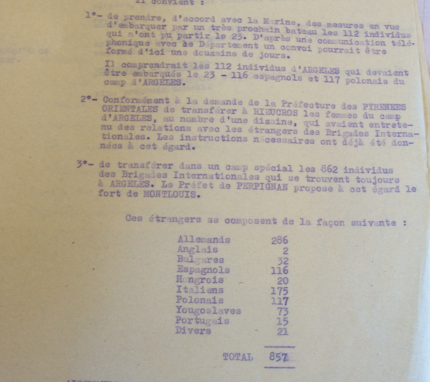 Note du secrétaire général de la police au sujet de l’évacuation du camp des brigadistes d’Argelès-sur-Mer,