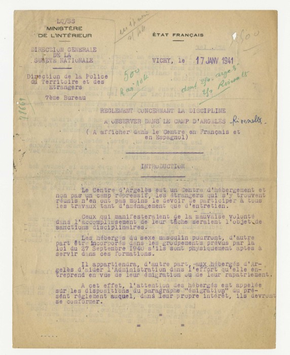 Règlement concernant la discipline à observer dans le camp d’Argelès-sur-Mer, 17 janvier 1941.