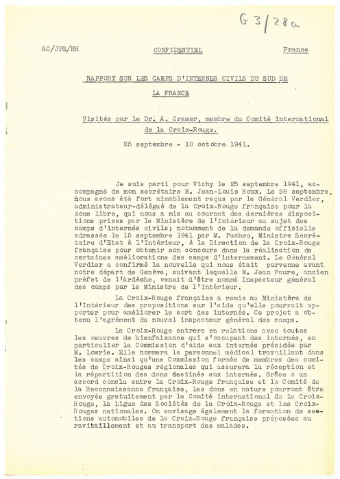 Rapport de mission établi par le Dr Alec Cramer, membre du Comité international de la Croix-Rouge de Genève, suite à sa tournée d’inspection de divers camps d'internement dans le Sud de la France en 1941. 