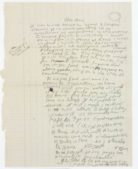 Lettre du 17 juillet 1941 d’Arthur Adamov écrite au camp d’Argelès-sur-Mer. 