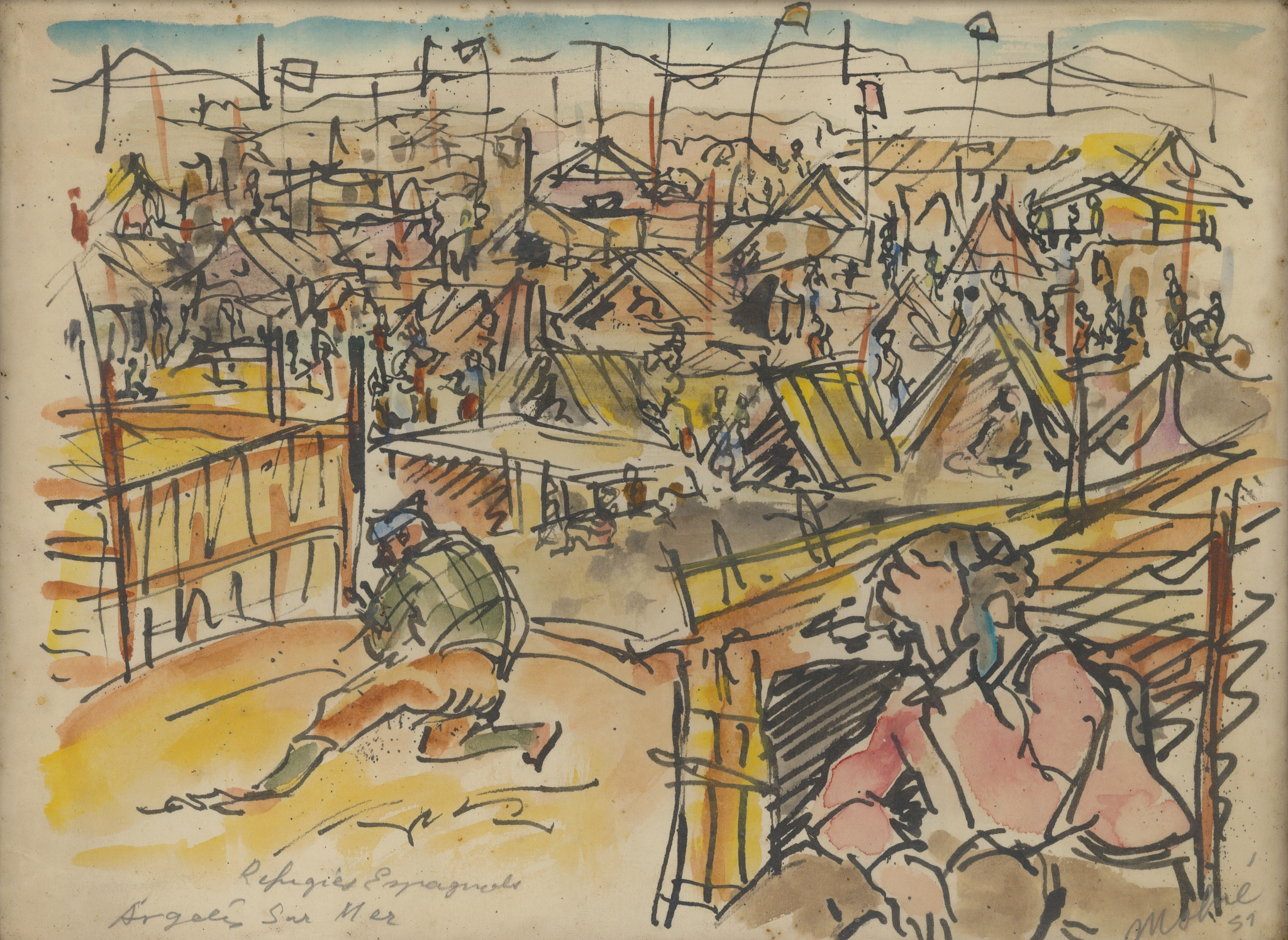 Aquarelle de Lluis MOLNE, Réfugiés espagnols Argelès-sur-Mer, 1939