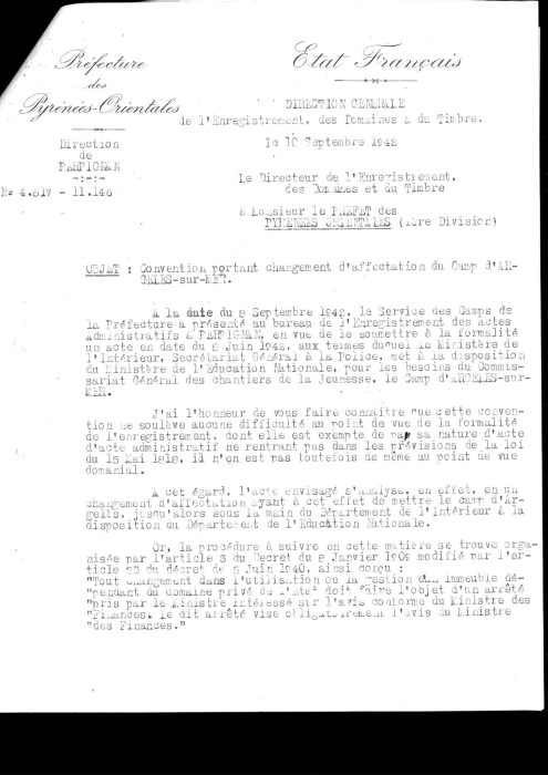 Convention portant sur le changement d’affectation du camp d’Argelè-sur-Mer,, 10 septembre 1942. 